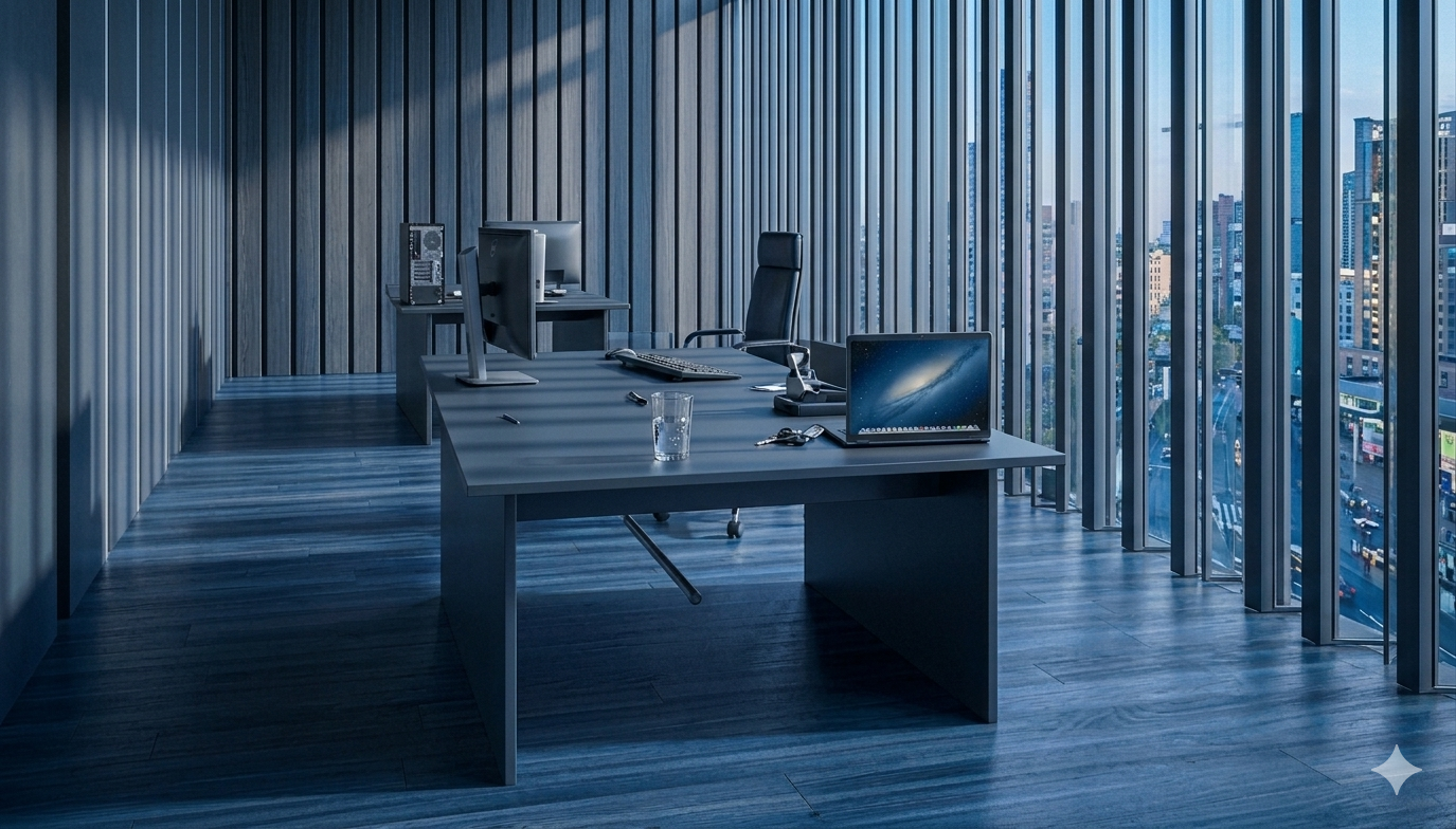Interior del estudio jurídico Legalis en Lima, diseño moderno con contraste blanco y negro